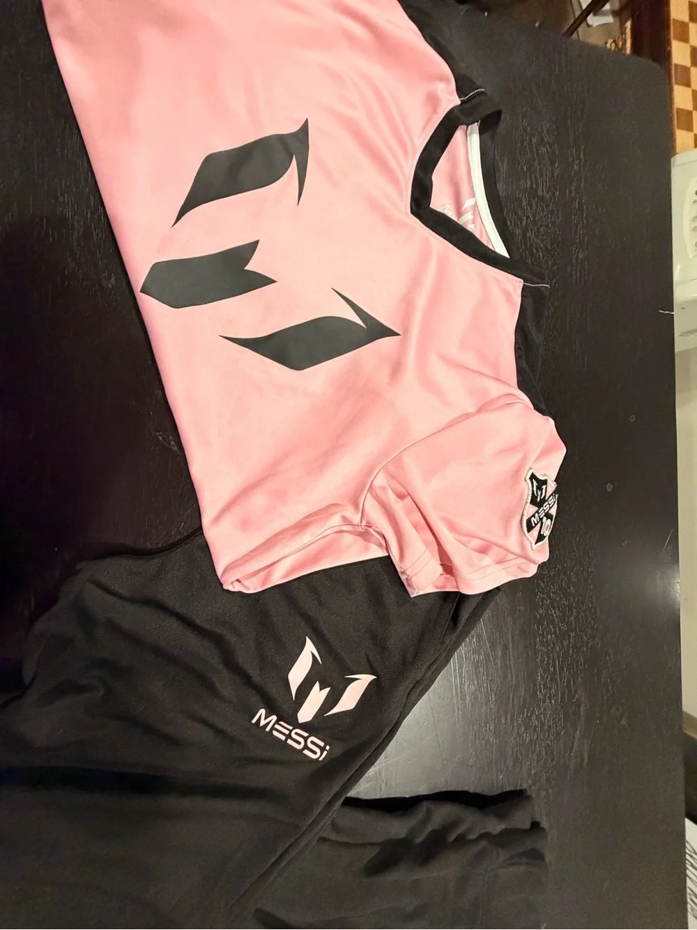 Old Navy Pink and Black Messi Logo Short Sleeve Jersey and black joggers